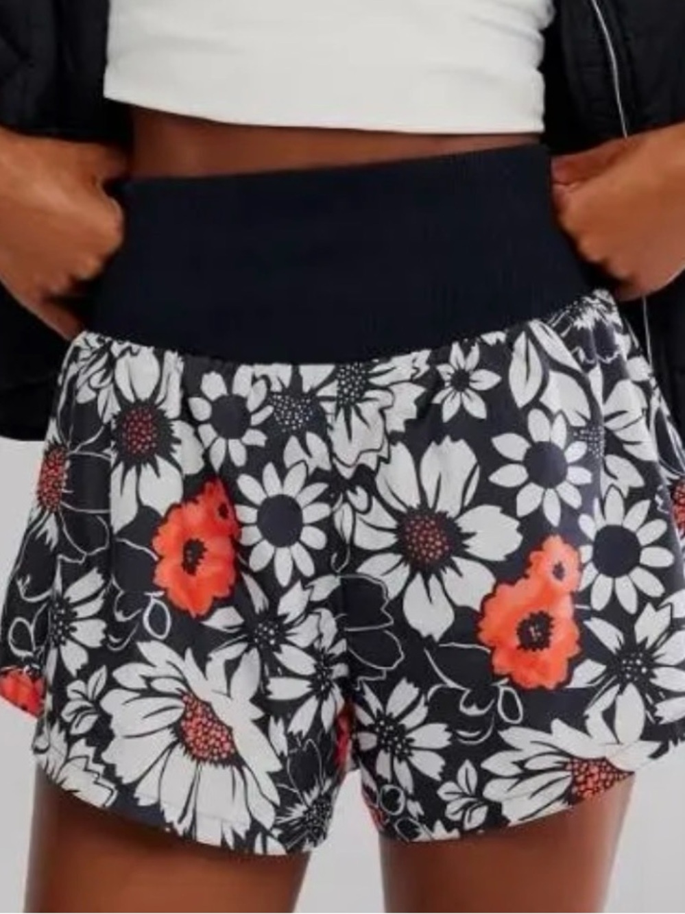 Free People Black, White & Orange Floral High Waist Shorts